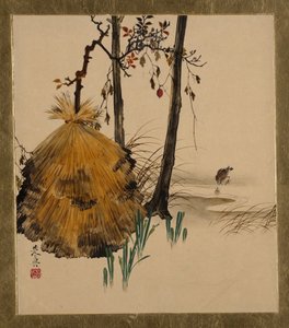 Pinturas em laca de vários assuntos: Abrigo de neve para uma árvore com pardal, 1882. de Shibata Zeshin