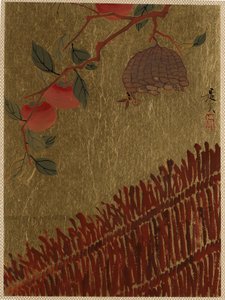 Ramo de caquis e ninho de vespas acima de uma cerca. de Shibata Zeshin