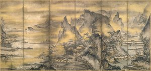 Japonês: 『式部輝忠筆 四季山水図屏風 室町時代 』 Paisagem das quatro estações, um de um par de Shikibu Terutada