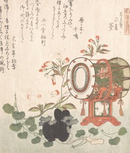 Planta Aoi, Flores de Cerejeira, Tambor e Chapéu Eboshi Representando o Capítulo Aoi de ..., século XIX.