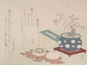 Bonsai ameixa, bússola e relógio de sol de bolso com design de calendário, de Spring Rain Surimon..., 1806.