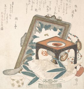 Pintura emoldurada, Banquinho com Taça de Vinho e Prato com Peixe, Séc. XIX., Séc. XIX.