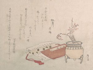 Ameixeira em vaso em flor e livros, século XIX., século XIX. de Shinsai