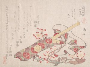 Shakuhachi, uma espécie de flauta de bambu, com sua tampa e flores de cerejeira, século 19., século 19