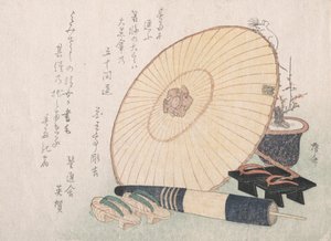 Guarda-chuvas e sandálias japonesas de madeira Geta, provavelmente 1816., provavelmente 1816.