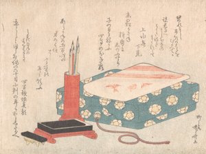 Conjunto de escrita e caixa de cartão de poemas Shikishi-bako, do álbum Spring Rain Surimono Har..., ca. 1805-10. de Shinsai