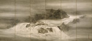 Paisagem de rio com vaga-lumes de Shiokawa Bunrin