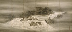 Paisagem do rio com vaga-lume, 1874 de Shiokawa Bunrin