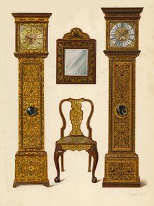 Relógio incrustado com luz Marqueterie, propriedade de Percy Macquoid; Relógio embutido com Dark Marqueterie, Victoria and Albert Museum; Cadeira de nogueira incrustada com marqueterie; Espelho (cromolito) de Shirley Charles Llewellyn Slocombe