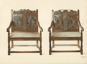 Cadeiras duplas de carvalho (galês), propriedade de H Clarence Whaite (cromolitho) de Shirley Charles Llewellyn Slocombe