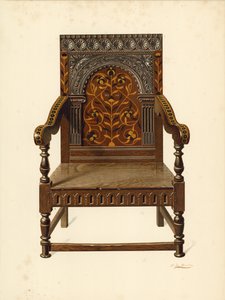Cadeira incrustada de carvalho, propriedade de Miss Dorothy Chune Fletcher (chromolitho) de Shirley Charles Llewellyn Slocombe