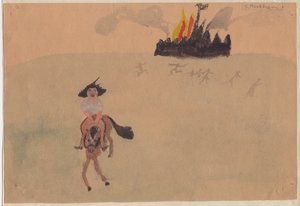 Garota a cavalo fugindo do forte flamejante, c1941. de Shirley Markham