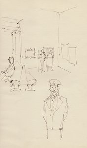Guarda em uma galeria de arte, c1950. de Shirley Markham
