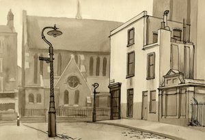 Poste de luz e igreja, c1951. de Shirley Markham