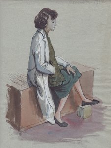 Mulher sentada de jaleco branco, 1952. de Shirley Markham