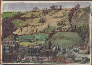 Aldeia e campos, c1950. de Shirley Markham