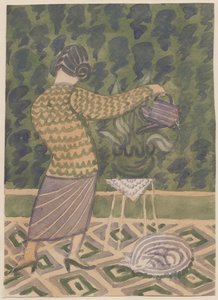 Mulher regando plantas, c1951. de Shirley Markham
