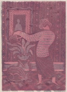 Mulher regando plantas, c1951. de Shirley Markham