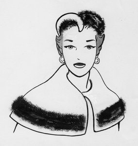 Mulher com capa de pele e chapéu combinando, c1950. de Shirley Markham