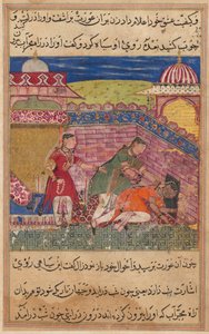 Página de Tales of a Parrot Tuti-nama: Oitava noite: A esposa enganadora ejeta..., 1558-1560. de Shravana