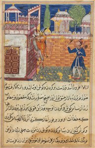 Página de Tales of a Parrot Tuti-nama: Oitava noite: A esposa enganadora retorna..., 1558-1560. de Shravana