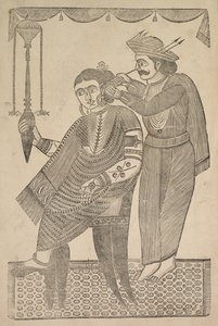 Um barbeiro que limpa a orelha de uma cortesã, de 1800. de Shri Gobinda Chandra Roy