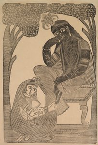 Radha acariciando os pés de Krishna