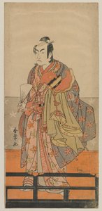 Kabuki Ator Ichikawa Monnosuke II Segurando um Capacete Gagaku Dancers e Robe, período Edo, c.1780s (impressão xilogravura cor) de Shunjo