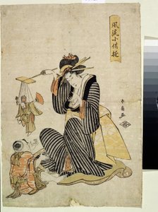 Uma peça de marionette, da série Divertimento infantil. Impresso por Katsukawa Shunsen (Shunko II) (1762-1830). Gravura colorida, 31,2 x 21,5 cm, ca. 1806-1823. Arte oriental. Musee des Beaux de Shunsen Katsukawa