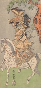 Ichikawa Danjuro V como um guerreiro montado em um cavalo cinza Dapple, 1771. de Shunsho