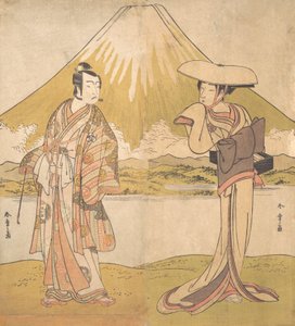 O ator Bando Mitsugoro como um homem em trajes suntuosos, de pé em um campo..., ca. 1778. de Shunsho