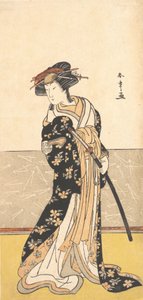 O ator Nakamura Riko, como cortesã com uma espada, ca. 1780.