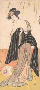 O ator Nakamura Riko como um Oiran amarrando seu Obi, ca. 1779.