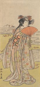 O ator Segawa Kikunojo III como uma mulher em pé perto de um riacho sinuoso, ca. 1777. de Shunsho