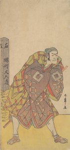 O Quinto Ichikawa Danjuro como um portador de Kago em pé perto de um poste de milha, ca. 1783-84. de Shunsho