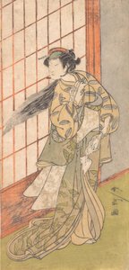 O primeiro Nakamura Tomijuro como uma mulher irritada em pé em uma sala, 1772 ou 1773. de Shunsho