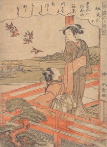 Duas moças em uma varanda observando tarambolas, ca. 1770. de Shunsho