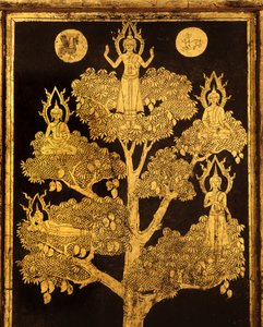 Painel traseiro de um armário de manuscritos com cenas budistas, provavelmente no final do período Ayutthaya (madeira dourada e lacada)