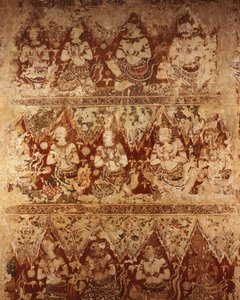 Pinturas murais mostrando divindades celestes que datam do início do século 18 período Ayutthaya (pintura em pedra)