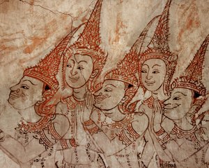 Detalhe das pinturas murais mostrando divindades celestes que datam do final do período Ayutthaya (pintura em pedra)