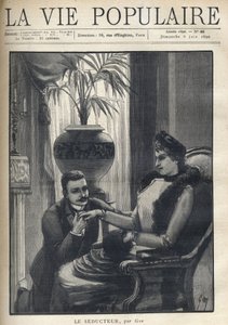 Um homem de joelhos segura a mão de uma mulher elegante, sentada numa sala burguesa, com o casaco, a manga e o lenço de pele. Ilustração para Le Seducteur par Gyp (Sibylle Gabrielle Marie Antoinette Riquetti de Mirabeau, Condessa de Martel d