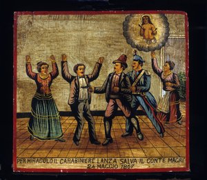 Ex-voto (ex voto) siciliano: "Por milagre, Carabinier Lanza salva o Conde Magri em 24/05/1867". Representação de um ladrão (Brigantaggio): um ladrão ataca a sua pistola no casal Magri enquanto o mosquetão o surpreende por trás. .