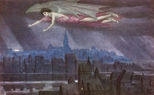 A Lenda Dourada: Lúcifer a sobrevoar a cidade (litografia a cores) de Sidney Meteyard