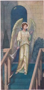O arauto do mistério!... e lá, sobre um palco, um arauto com trombeta, vestido como o anjo Gabriel