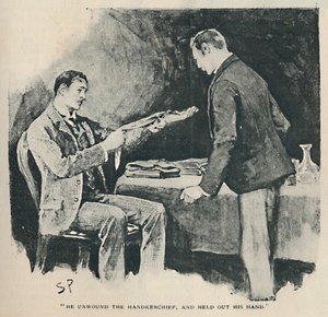 Ele desenrolou o lenço e estendeu a mão, 1892 de Sidney Paget