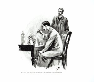 "Holmes estava trabalhando duro sobre uma investigação química", ilustração para "O Tratado Naval", de Arthur Conan Doyle (1859-1930), publicado em "Strand Magazine", outubro e novembro de 1893 (