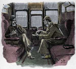 Silver Blaze: A ilustração de Sydney Paget de uma aventura de Sherlock Holmes. O famoso detetive é representado com o Dr. Watson em um trem. Publicado na "The Strand Magazine". Notícias de Conan Doyle. 1892.