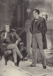 Depois ficou junto ao fogo: cena do mistério Sherlock Holmes Um escândalo na Boémia, de Arthur Conan Doyle (litho)
