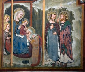 Adoração ao Fresco Magi da Escola de Siena. Século XIV. Capela da Virgem. Mosteiro de São Benedetto (Sacro Speco), Subiaco (Roma), Itália. de Sienese School