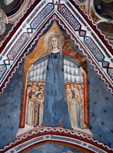 Representação da Virgem Maria Mãe da Igreja Fresco da Capela da Virgem feita pela Escola de Sena do século XIV - Mosteiro de São Benedetto (Sacro Speco), Subiaco (Roma), Itália de Sienese School